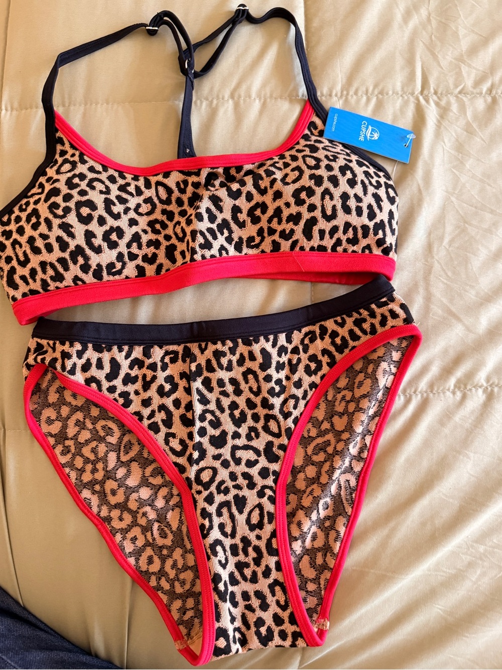 Cupshe Leopard Print Girls Two-Piece Bikini with Red Trim